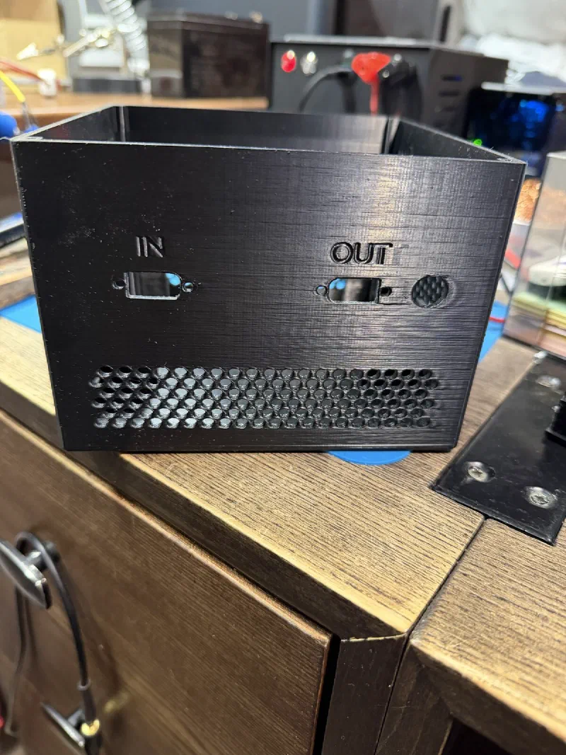 Printed case, back with IN and OUT cutouts
